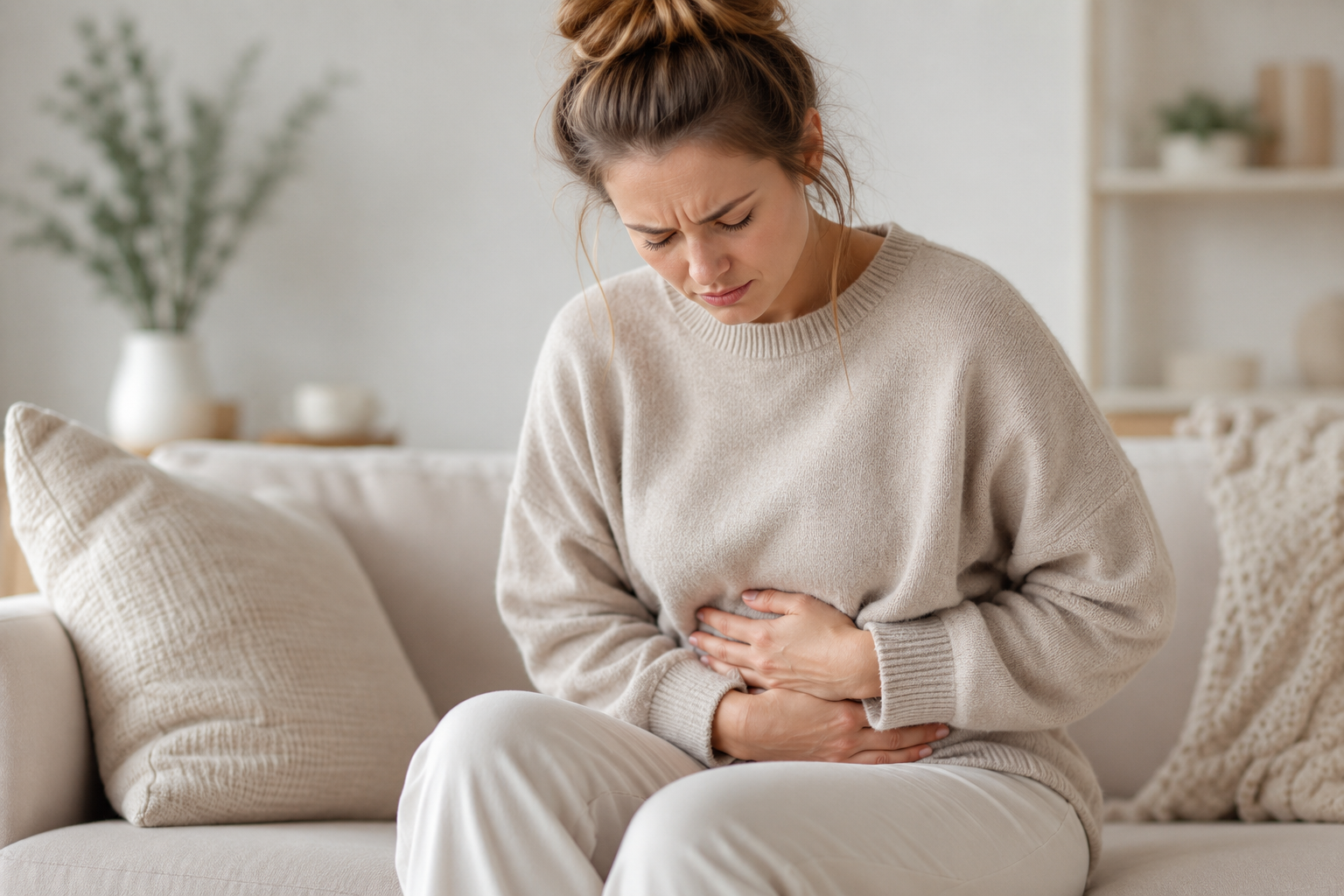 Woman sitting on sofa holding her lower abdomen in pelvic pain